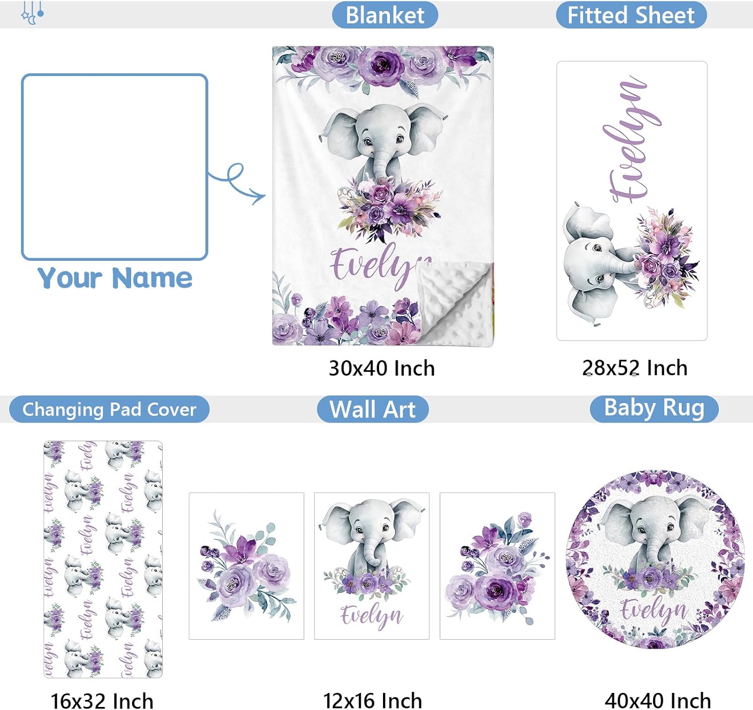 KAINSY Personalized Baby Crib Bedding Set, 5 Pcs Custom Baby Bedding Set with Name, Double Layer Baby Elephant Crib Set for Girls, Soft Flannel Nursery Bedding Set, Toddlers Infants New Parents Gift