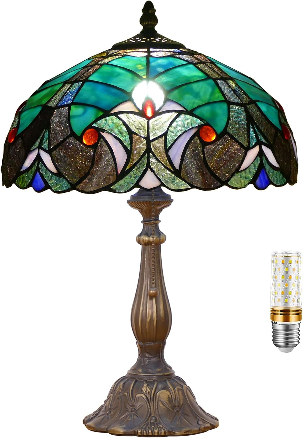 Tiffany Lamp Stained Glass Table Lamp Antique Bedside Reading Light W12H19 Inches (Green Liaison)