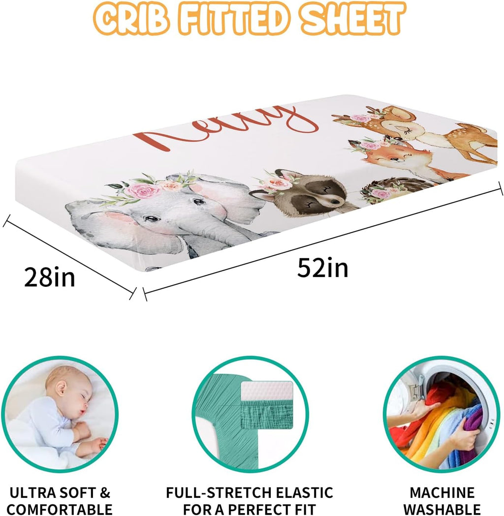 Custom Baby Crib Bedding Set - 5 Piece Nursery Crib Set Woodland Animals Design - Personalized Name Blanket with Dotted Backing, Crib Sheet, Changing Pad Cover, Pillow Cover, Rug for Newborns Color11