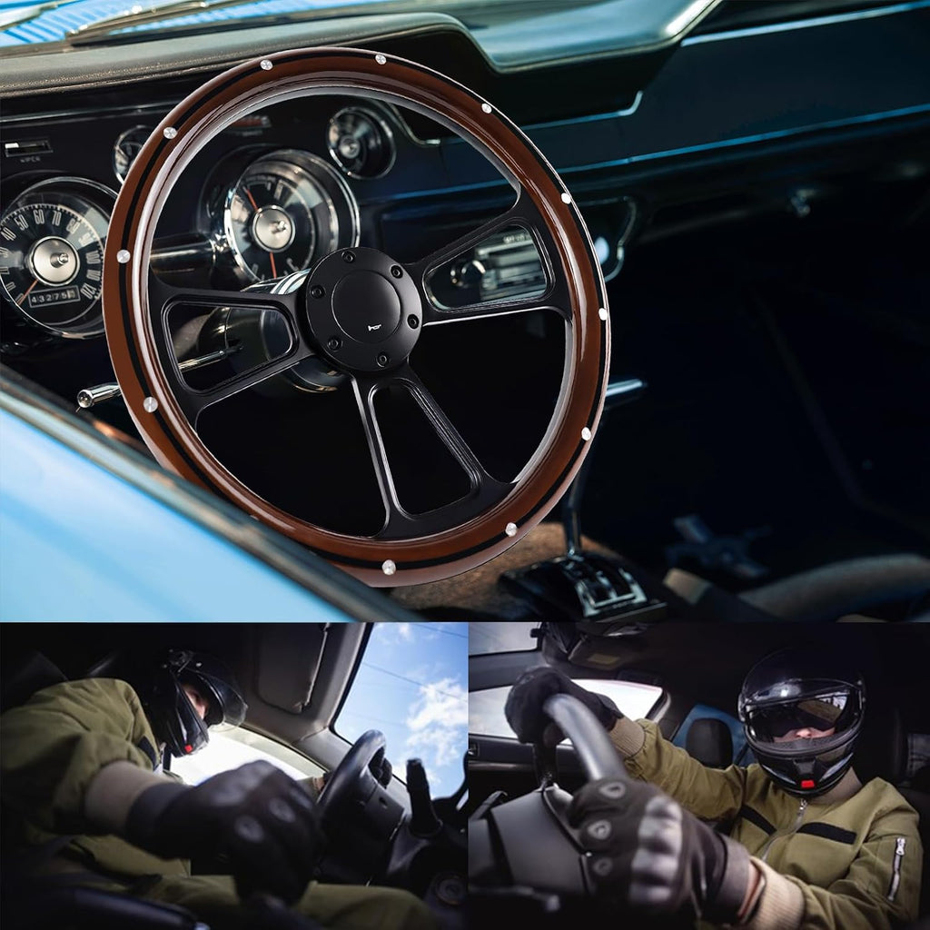 Universal Wooden Racing Steering Wheel 14 Inch 6 Bolt Black Aluminum 3 Spoke Rivet Steering Wheel with Horn Button for Racing/Rally/Motor Sports