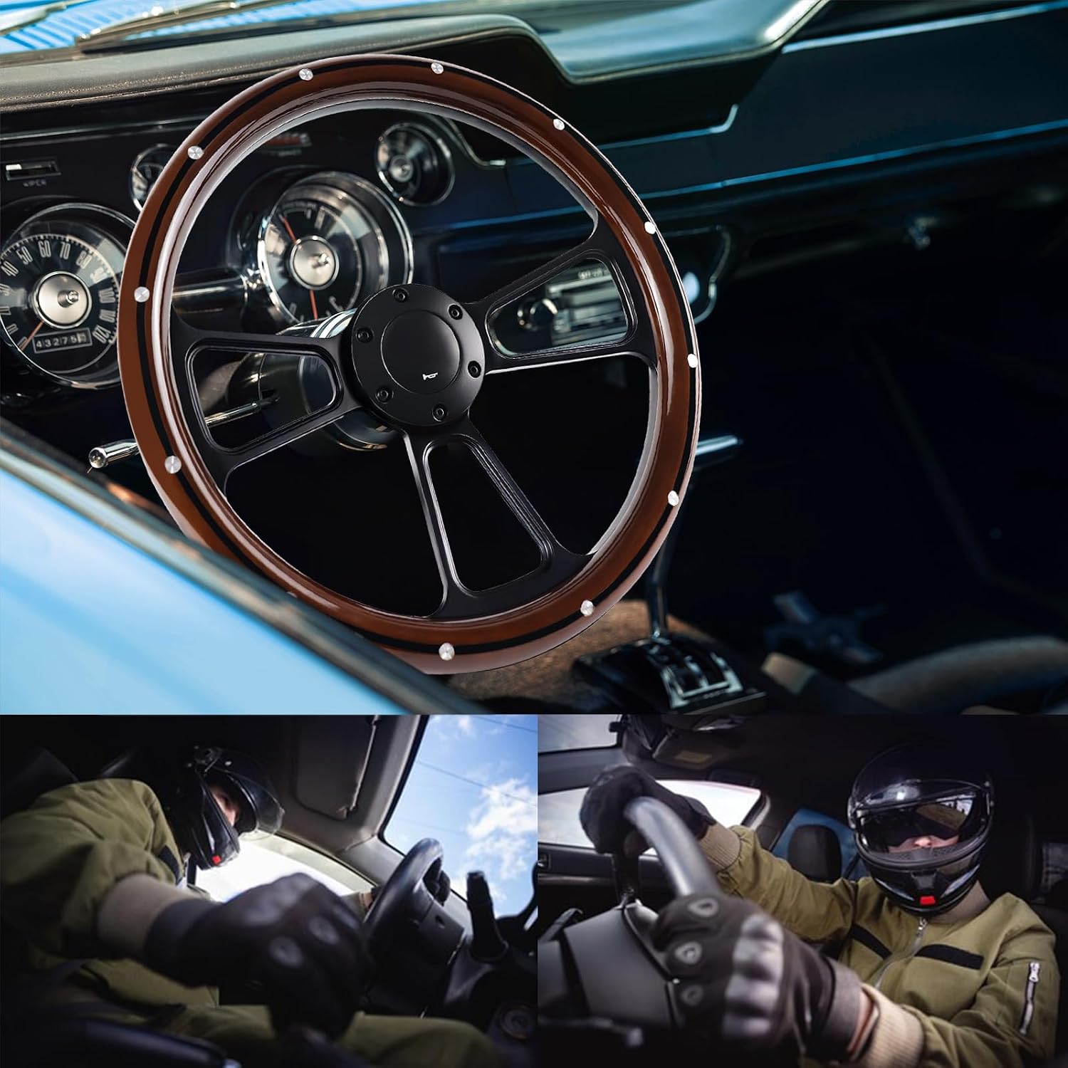 Universal Wooden Racing Steering Wheel 14 Inch 6 Bolt Black Aluminum 3 Spoke Rivet Steering Wheel with Horn Button for Racing/Rally/Motor Sports