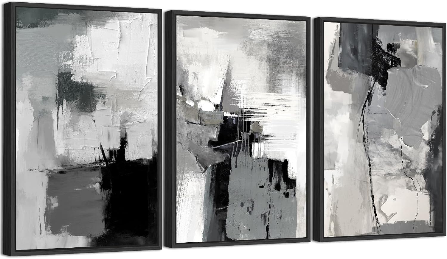 Large Framed Canvas Wall Art - Retro Grey Graffiti Pictures for Living Room Rustic Abstract Wall Decor Vintage Prints for Bedroom Dinning Room Black Float Framed 24' X 36' X 3 pcs