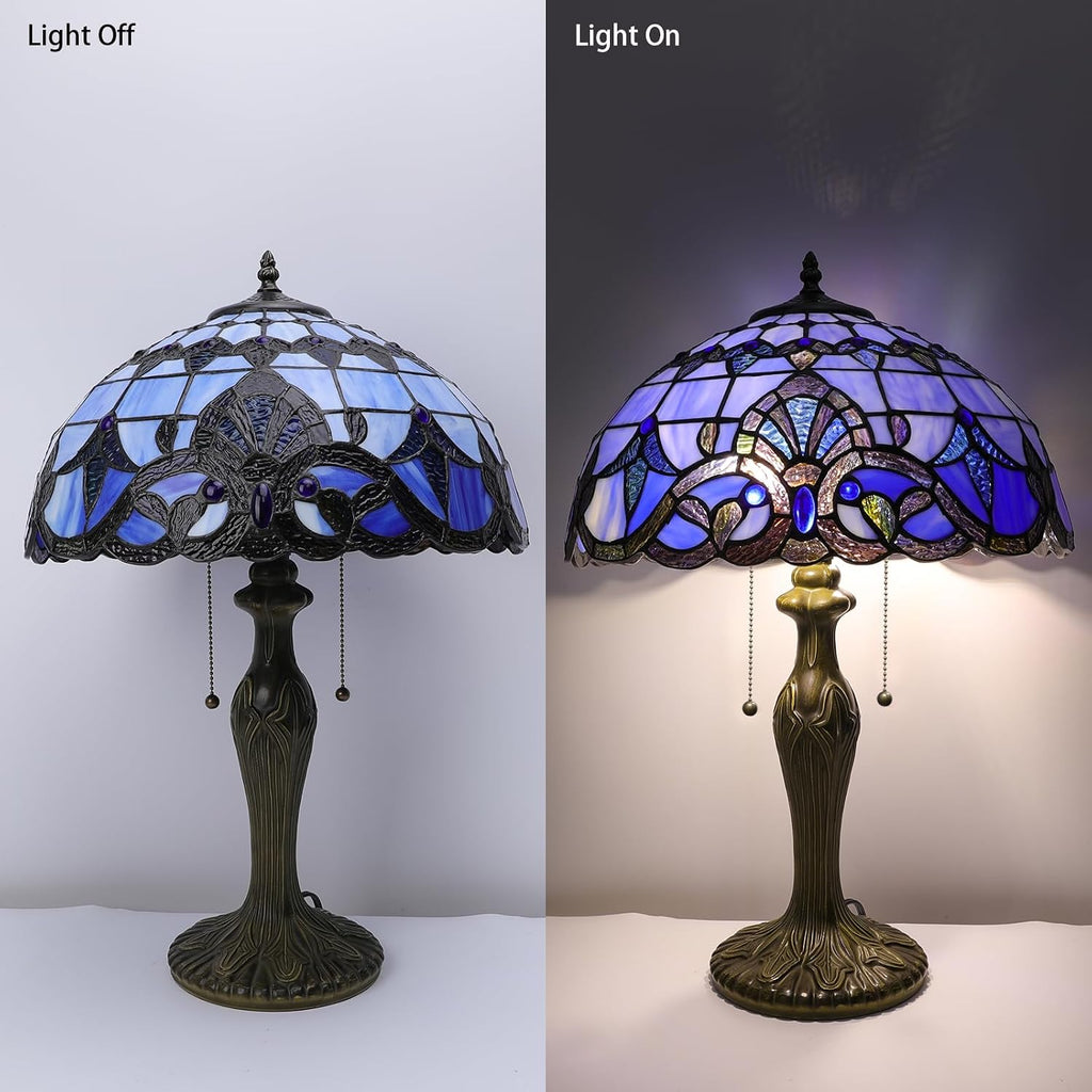 Stained Glass Table Lamp, Adjustable 3 Color Temperature,Blue Baroque Style Lampshade & Plant Texture Curve Antique Base Desk Reading Light 16X16X24 Inches Decor for Bedroom Living Room Office