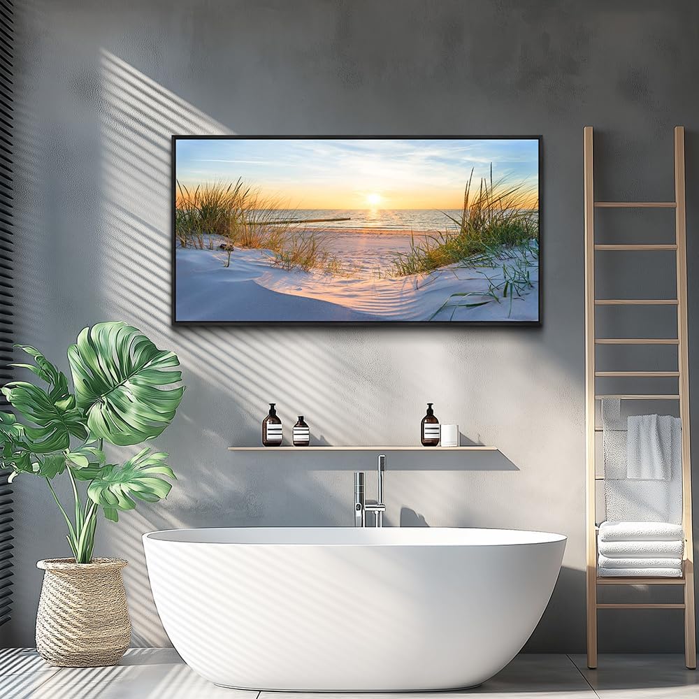 MHARTK66 Canvas Wall Art For Living Room Large Wall Decor For Office Bedroom Poster Art Prints Sun Seascape Wall Painting Blue Ocean Pictures Artwork For Walls Black Wood Framed 24' X 48'