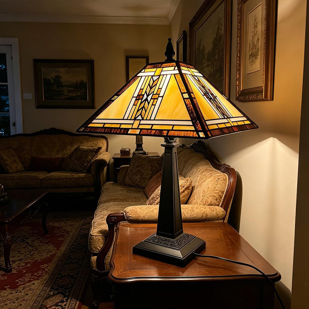 Tiffany Table Lamp,Mission Stained Glass Table Light,Antique Style Medium Size Desk Lamp Vintage Beside Reading Lamp for Living Room Bedroom Office
