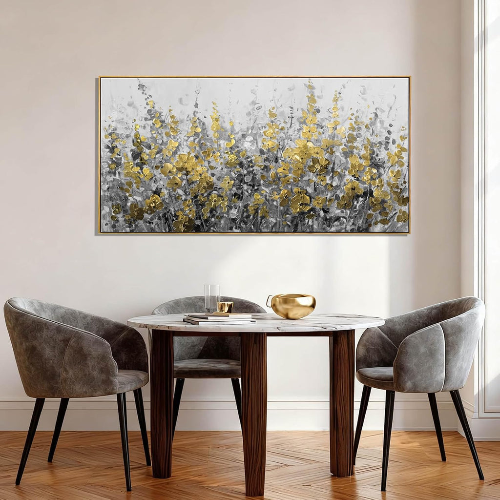 Framed Gold and Grey Abstract Flower Canvas Wall Art 24x48 Inch Textured Floral Painting Modern Decorative Artwork for Living Room Bedroom Office