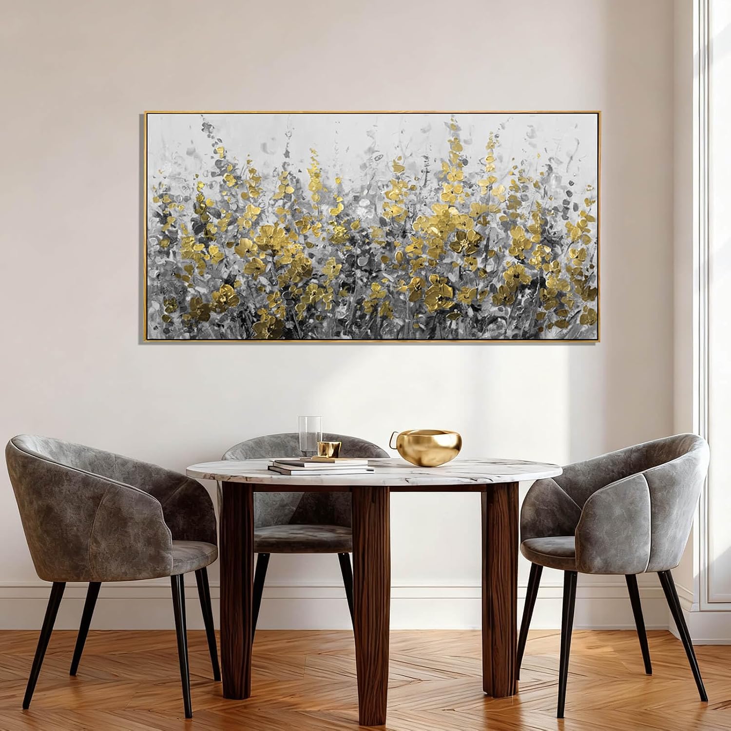 Framed Gold and Grey Abstract Flower Canvas Wall Art 24x48 Inch Textured Floral Painting Modern Decorative Artwork for Living Room Bedroom Office