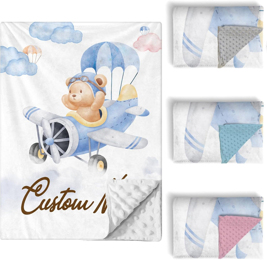 Custom Baby Crib Bedding Set, 5 PCS Personalized Name Baby Crib Sets for Girls Boys, Pilot Bear Theme Nursery Bedding Sets for Infant Toddler, Double Layer Flannel Bed Set Customized Gifts