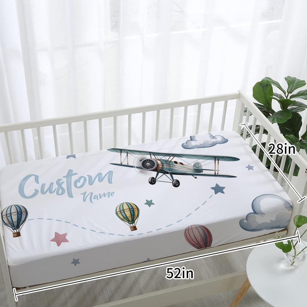 Personalized Crib Bedding Set for Baby Boys, Custom Name Baby Crib Sets 5-Pcs Include Toddler Double Layer Blanket Fitted Sheet Changing Pad Cover Rug Wall Art Set, Airplane Cloud Design Nursery Décor