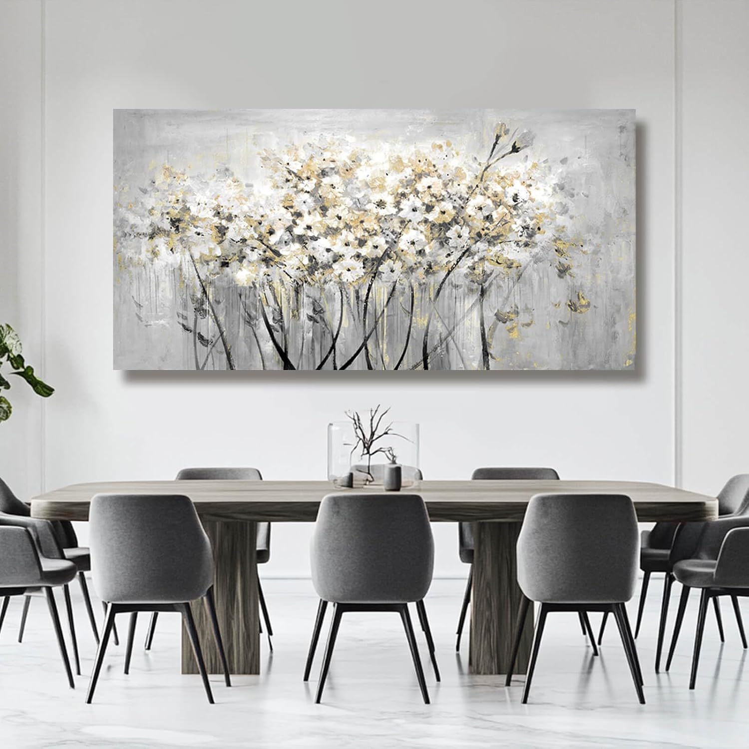 Flowers Canvas Wall Art White Paintings Grey Gold Contemporary Artwork Master Bedroom Wall Decor 29'x 58' Large Framed Art for Living Room Office Home Decor