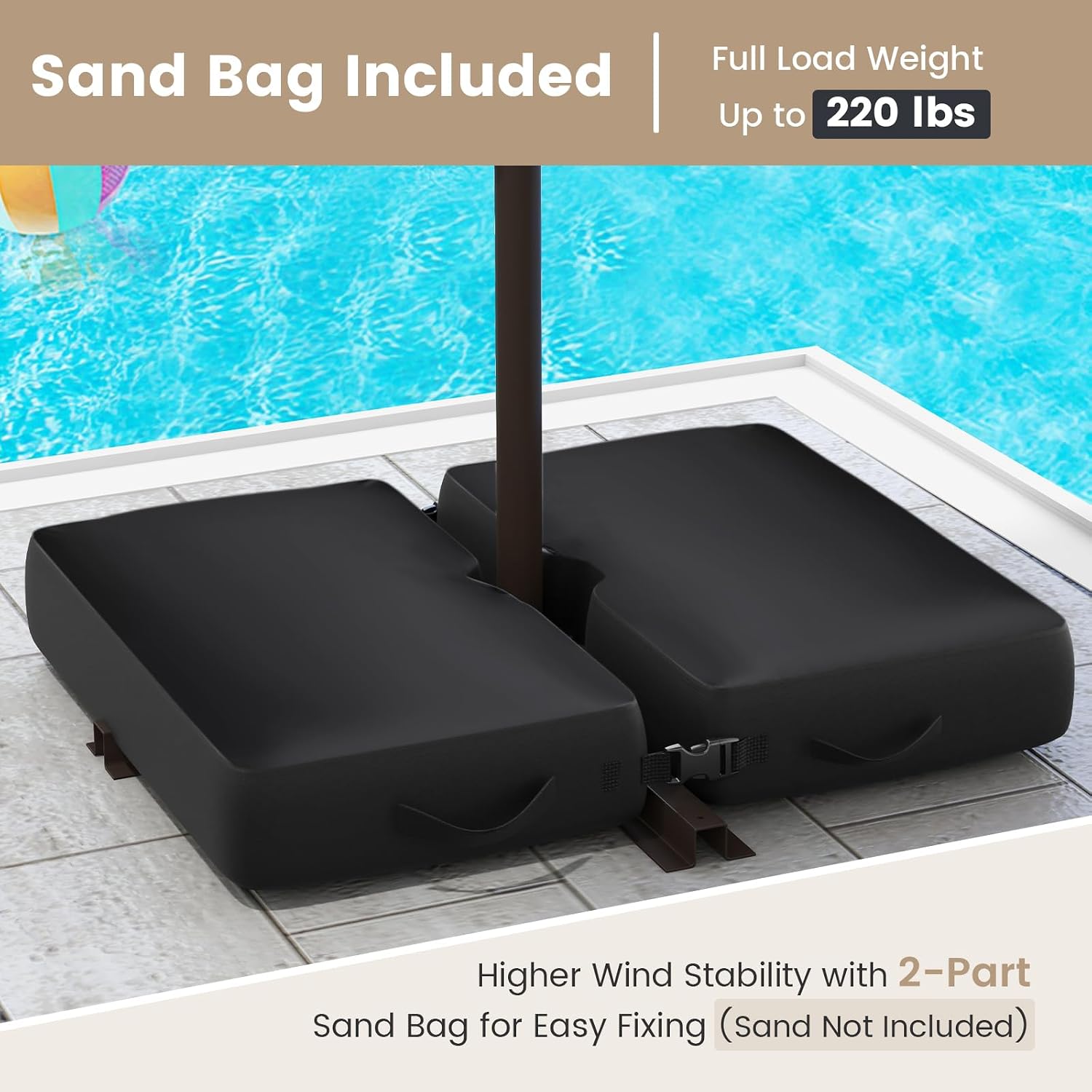 Tangkula 10FT Offset Patio Umbrella with Base Included, Outdoor Cantilever Umbrella with 40 Solar LED Lights, Tilt Adjustment, Crank Handle, Vented Top, Sand Bags for Pool Yard Deck (Tan)