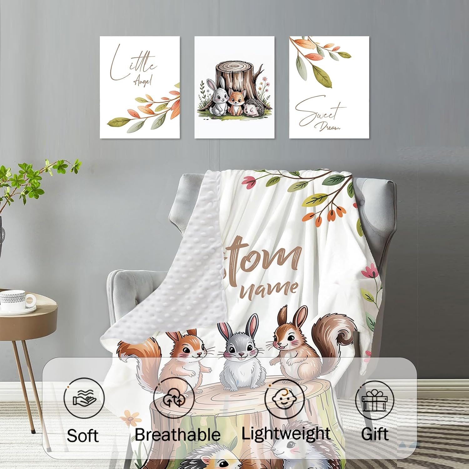 Personalized Crib Bedding Set for Baby Boys Girls, Custom Name Baby Crib Sets 5-Pcs - Toddler Double Layer Blanket Fitted Sheet Changing Pad Cover Rug Wall Art Set, Squirrel Stump Theme Nursery Décor