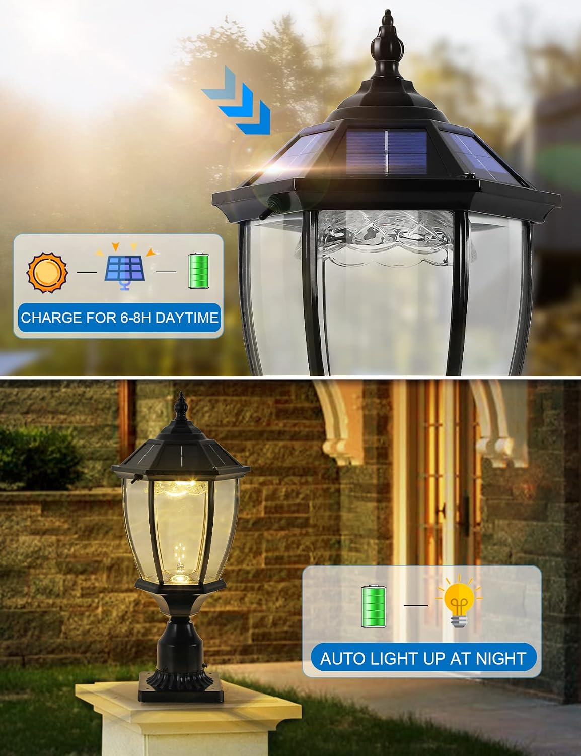 Solar Outdoor Lamp Post Light with Dusk to Dawn Photocell, Waterproof Oil-Rubbed Black Pillar Light with Clear Glass, Aluminum Solar Pole Lamp with Pier Mount for Porch, Yard. Pathway