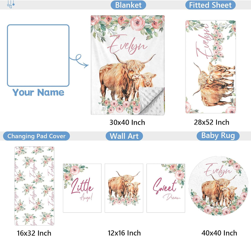KAINSY Personalized Nursery Bedding - 5 Pcs Custom Baby Crib Set with Name, Double Layer Crib Bedding for Girls, Cows and Flowers Theme