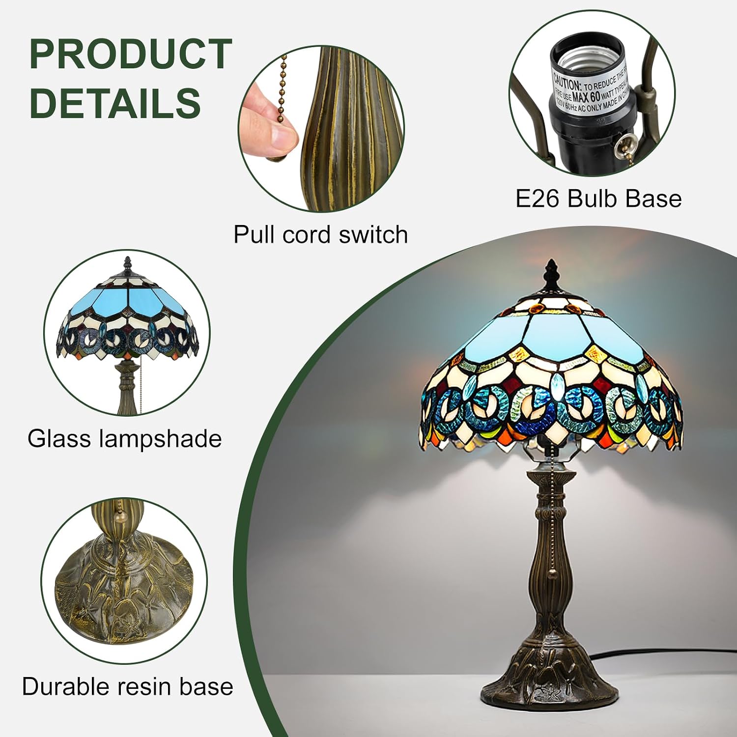 MOAN Lamp Stained Glass Table Lamp 12X12X19 Inch Bedside Reading Light Antique Bronze Base(Sapphire Style)