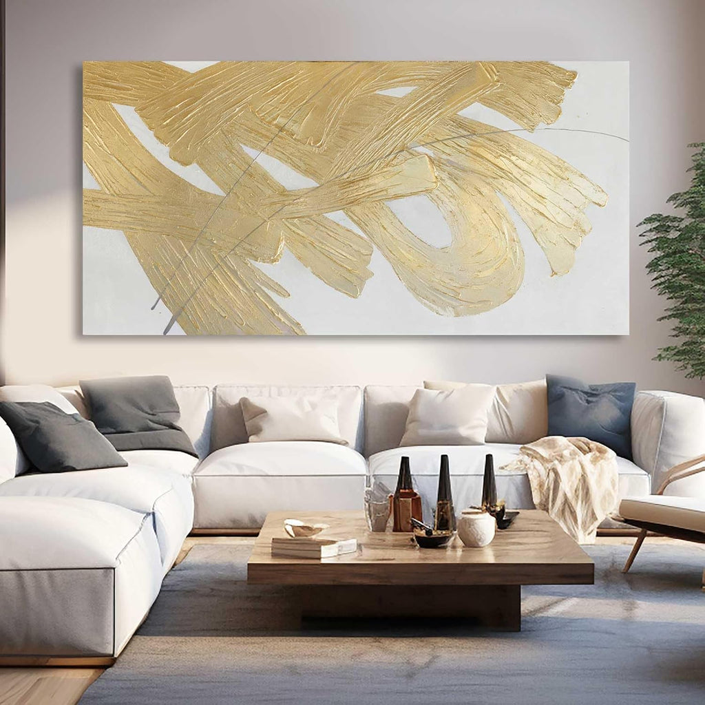 XIANSHOU Wall Decorations for Living Room Gold and White Abstract Canvas Art Oil Painting Large Minimalist Decor Wall Art for Office Bedroom Home 29'x 58'