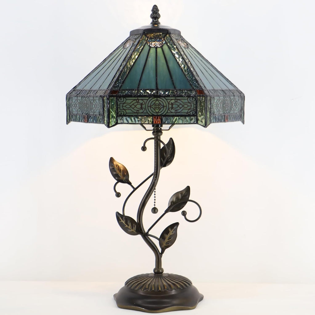Tiffany Table Lamp, Stained Glass Desk Light, W12H19 Inch, Metal Leaf Base (Mission Style)