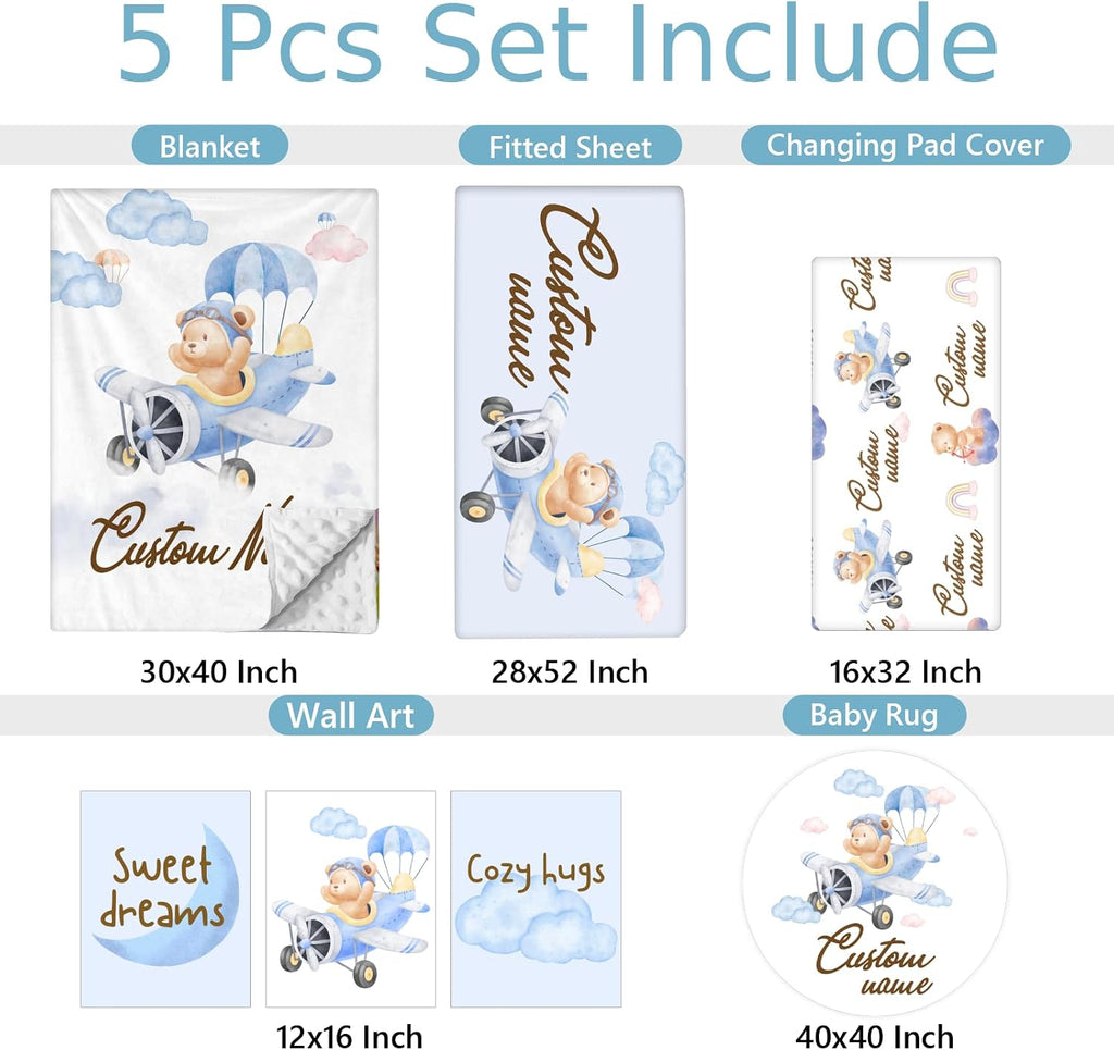 Personalized Baby Bedding Set, 5 Pcs Custom Baby Crib Sets with Name, Bear Pilot Toddler Bedding Set for Baby Girls Boys, Double Layer Nursery Bedding Set, Customized Gifts for Infants Kids