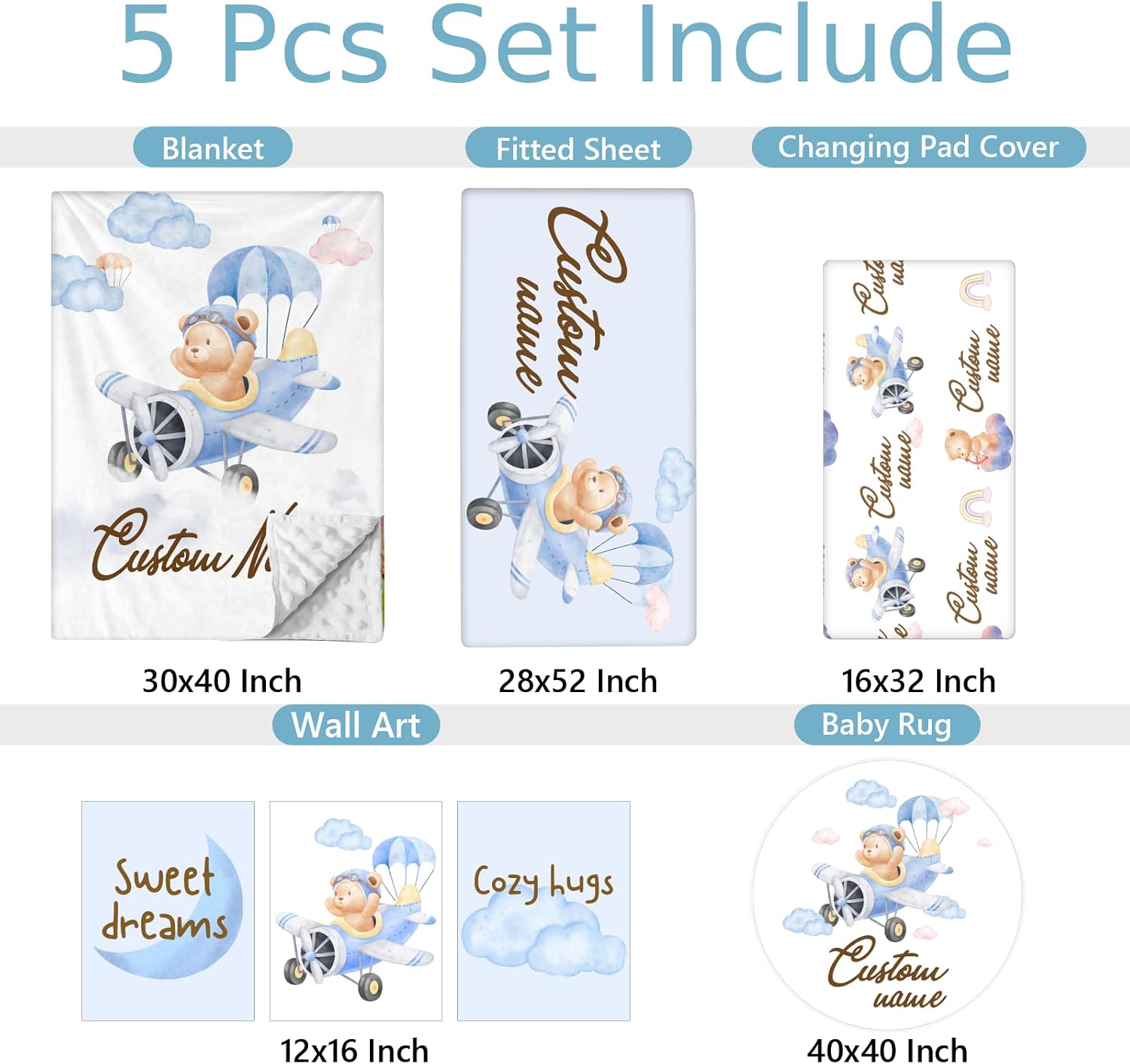 Personalized Baby Bedding Set, 5 Pcs Custom Baby Crib Sets with Name, Bear Pilot Toddler Bedding Set for Baby Girls Boys, Double Layer Nursery Bedding Set, Customized Gifts for Infants Kids