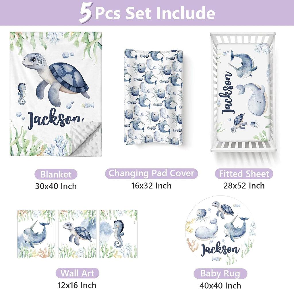 Custom Baby Crib Bedding Set, 5 PCS Personalized Name Baby Crib Sets for Girls Boys, Sea Animals Theme Nursery Bedding Sets for Infant Toddler, Double Layer Flannel Bed Set Customized Gifts