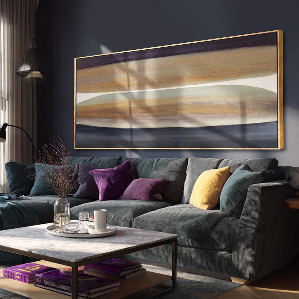 Beige Brown Hand-painted Canvas Wall Art, 32x70 Inch Framed Horizontal Abstract Artwork with Neutral Tones for Living Room Decor