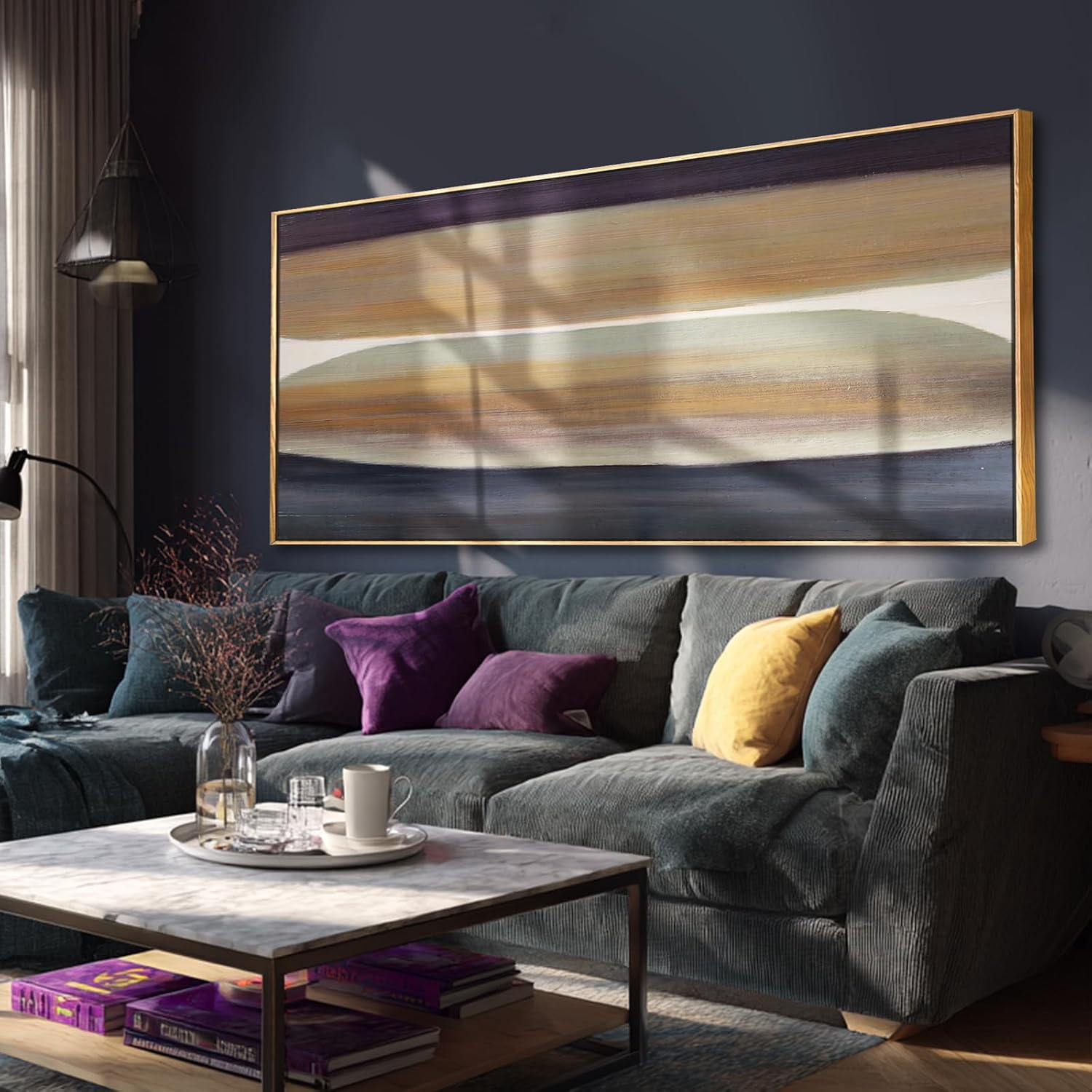 Beige Brown Hand-painted Canvas Wall Art, 32x70 Inch Framed Horizontal Abstract Artwork with Neutral Tones for Living Room Decor