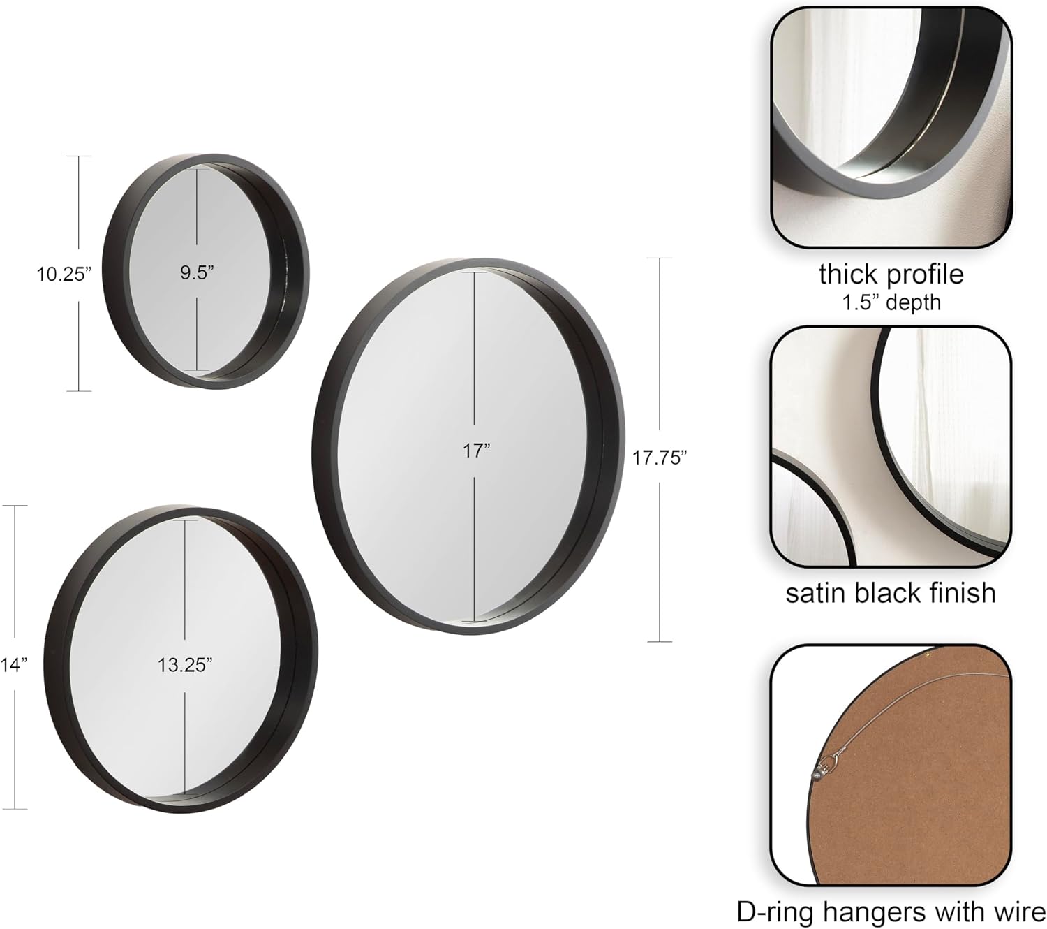 Kate and Laurel Travis Modern Round Wall Mirror Set, Set of 3, Varying Sizes, Black, Decorative Three-Piece Circle Mirror Set for Use as Bathroom Mirror Decor or Gallery Wall Mirrors