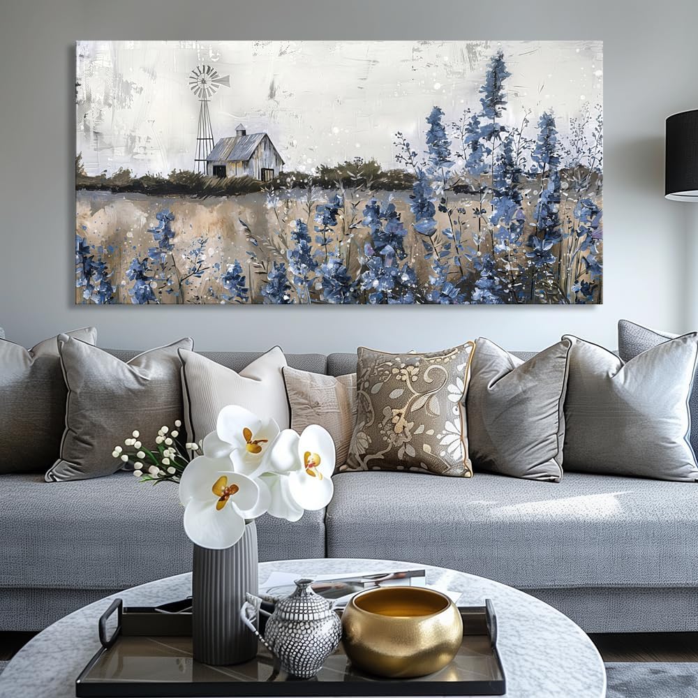 Wall Art Vintage Farmhouse Canvas Print Retro Countryside Flower Field Nature Meadow Landscape Rustic Windmill Barn Picture Framed Artwork for Home Bedroom Living Room Black Purple 58x28in
