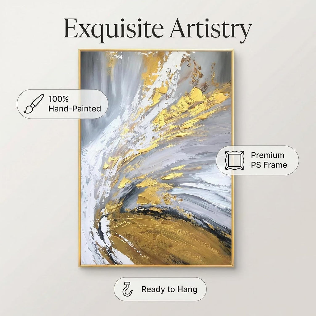 Large 3D Textured Abstract Canvas Wall Art for Entryway, Hand Painted Gold Foil Wall Painting for Office, Modern Luxury Gray & Gold Framed Artwork for Living Room Bedroom Home Décor 30x44 inches