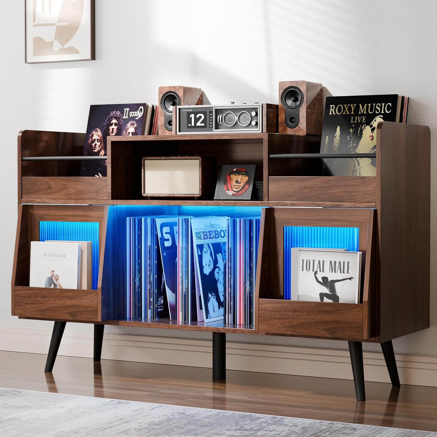 MULEJYBO XL Record Player Stand with Sliding Door,500 Vinyl Record Storage Cabinet, Record Player Table with Power Outlet & LED Light,Turntable Stand with Wood Legs for Living Room,Office