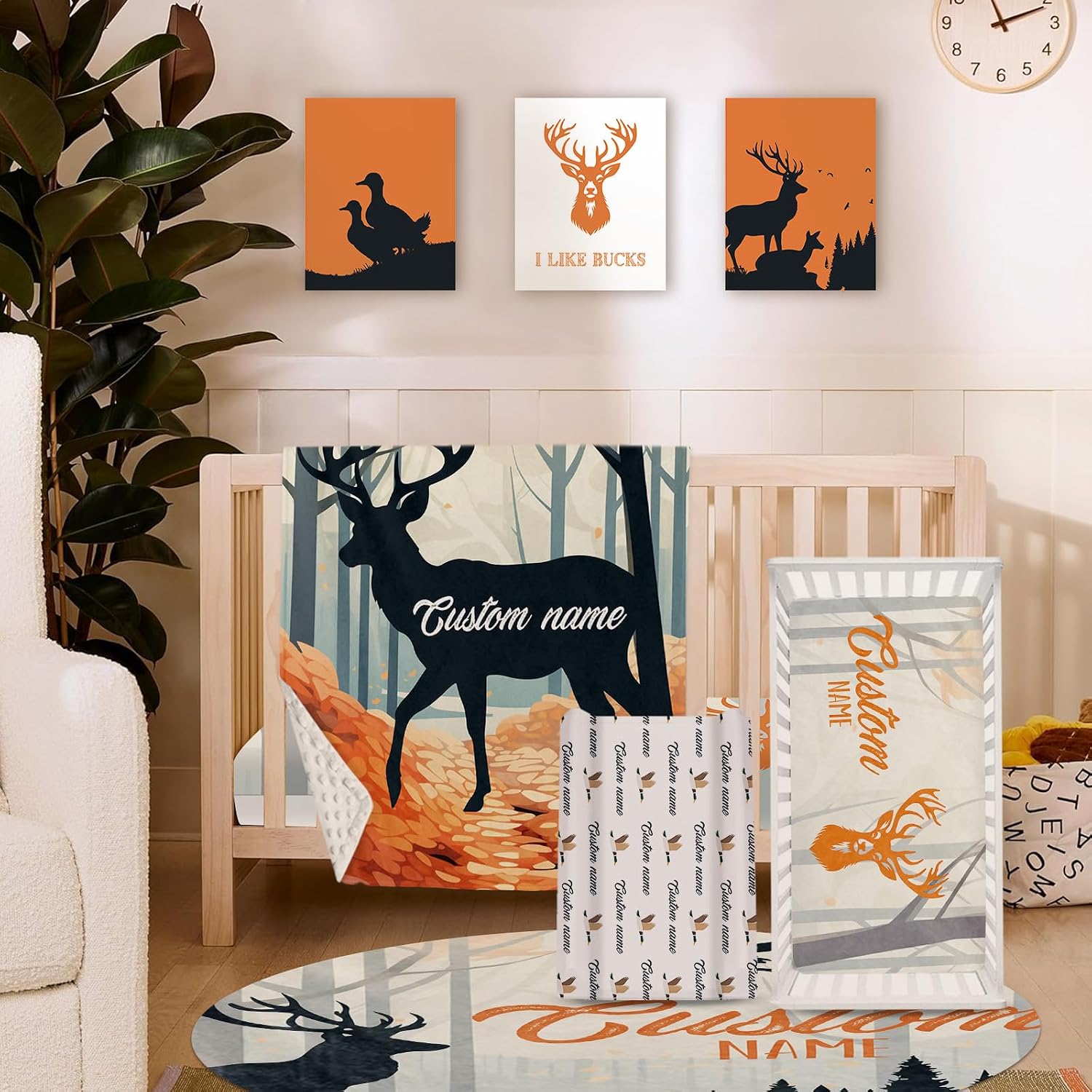 TOOTANN Custom Baby Crib Bedding Set, 5 Pcs Personalized Name Baby Crib Sheets for Kid Toddler Infant, Green Forest and Deer Nursery Bedding Set