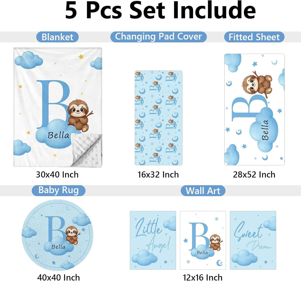 KAINSY Custom Crib Bedding Set, 5 Pcs Personalized Name Monogram Baby Crib Sets for Infants Toddlers, Blue Sloth Nursery Bedding Set for Boys Girls, Double Layer Baby Bedding Sets Customized Gifts