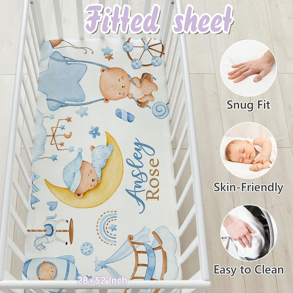 Custom Baby Crib Bedding Set, 5 PCS Personalized Name Baby Crib Sets for Girls Boys, Blue Bear Theme Nursery Bedding Sets for Infant Toddler, Double Layer Flannel Bed Set Customized Gifts