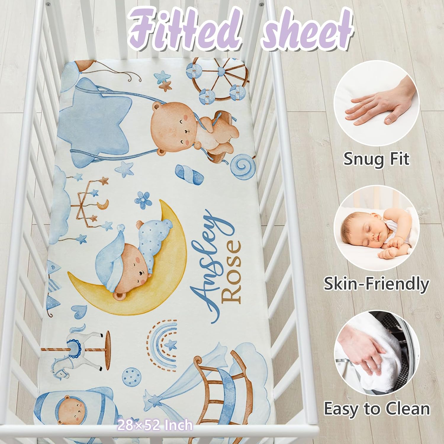 Custom Baby Crib Bedding Set, 5 PCS Personalized Name Baby Crib Sets for Girls Boys, Blue Bear Theme Nursery Bedding Sets for Infant Toddler, Double Layer Flannel Bed Set Customized Gifts
