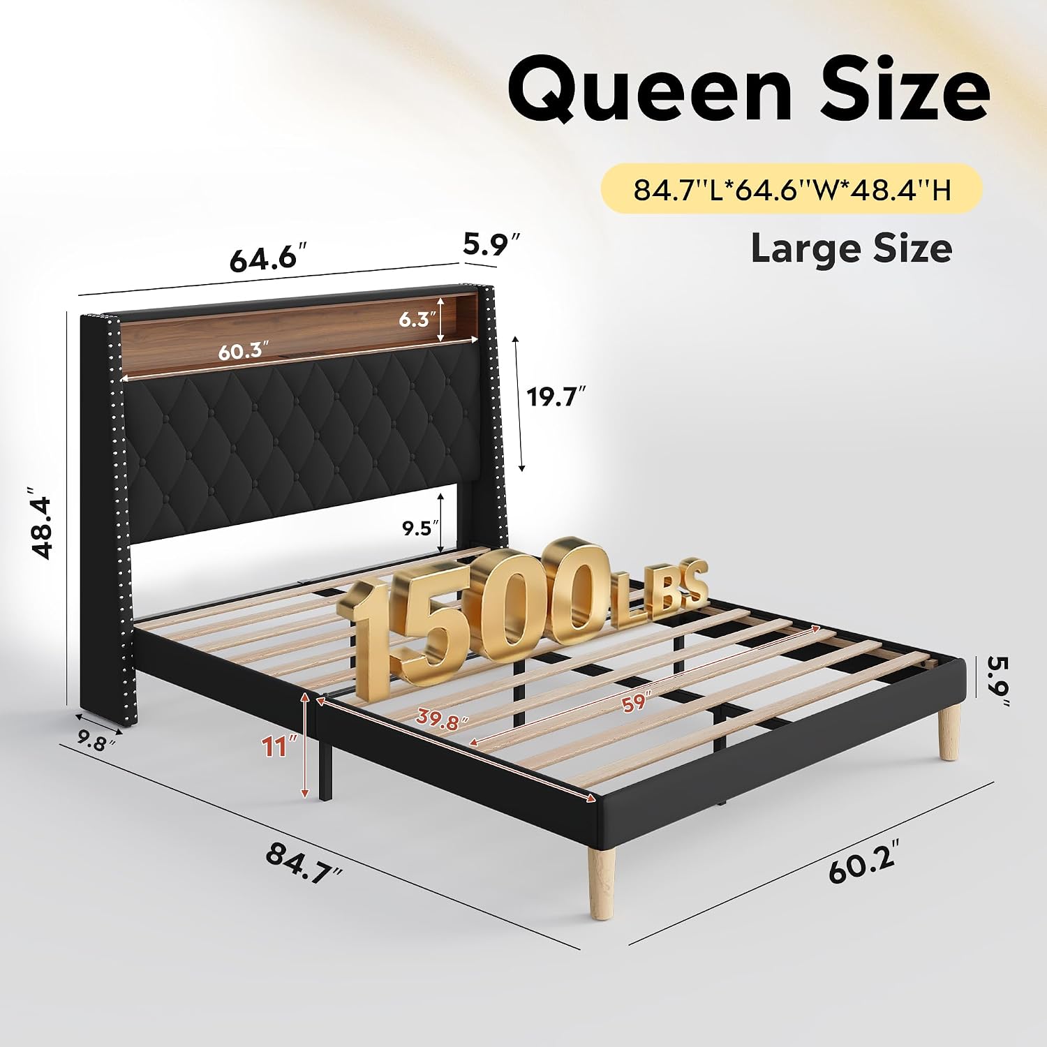 WLIVE Queen Size Upholstered Bed Frame with 48'' Tall Wingback Headboard, Velvet Square Tufted Platform Beds with Charging Station, Sturdy Metal & Wooden Slats Support, Black
