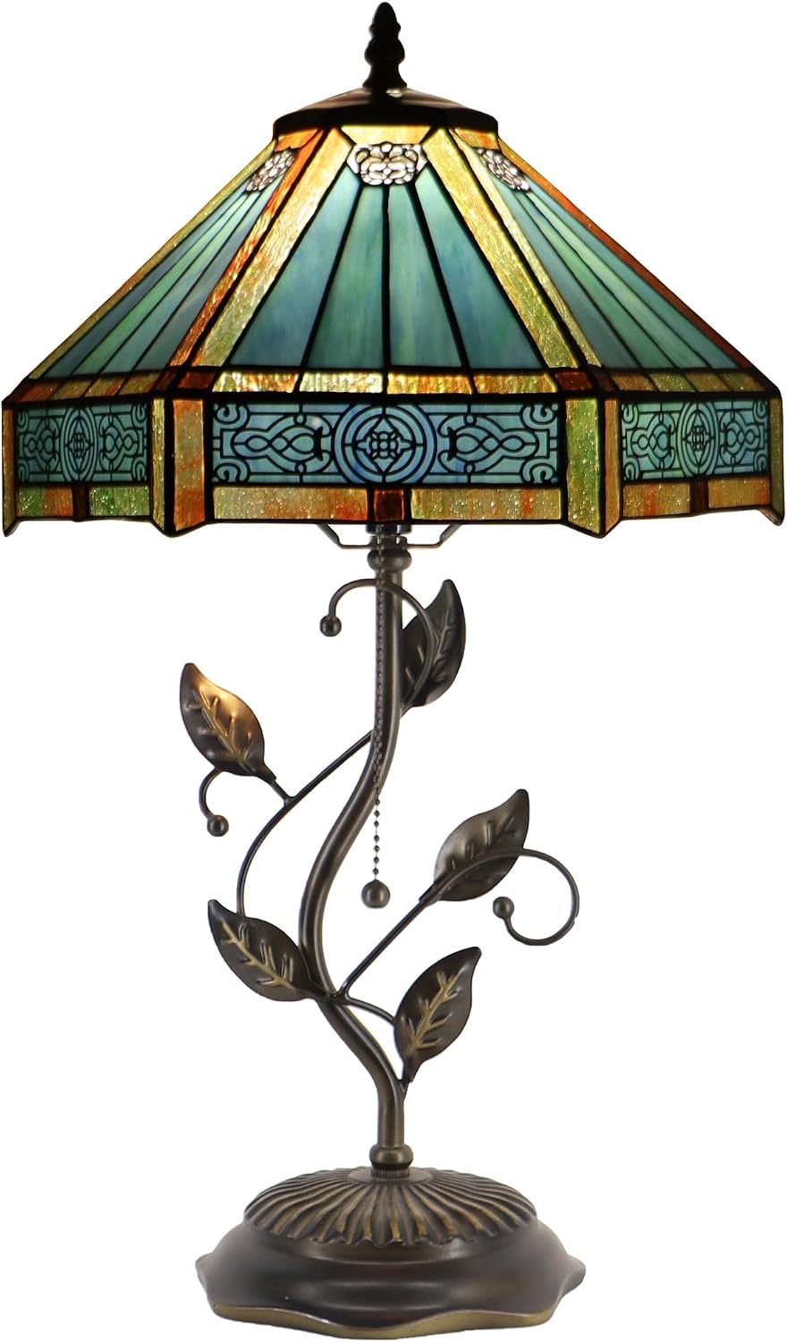 Tiffany Table Lamp Stained Glass Desk Lamp Metal Leaf Base Reading Light 12X19 Inch (Hexagon Mission Style)