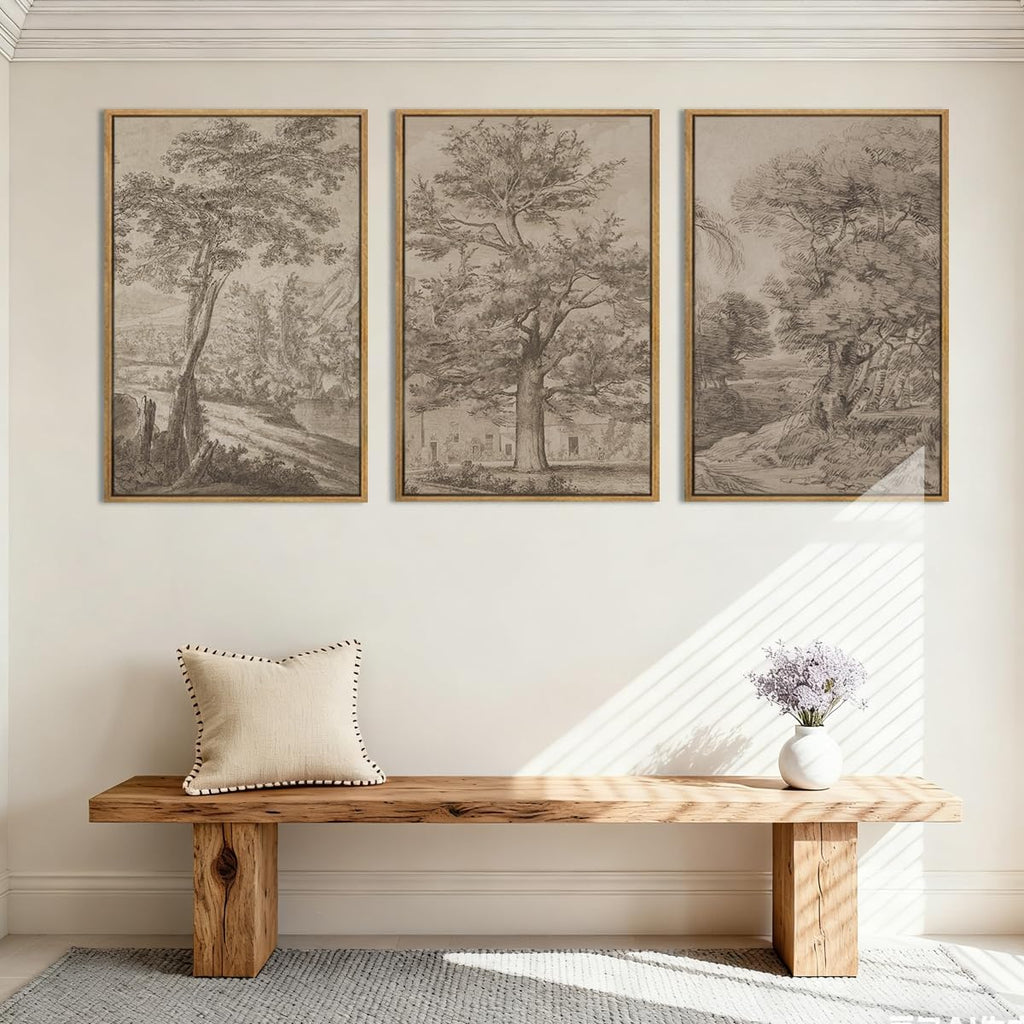 Extra Large Wall Art Framed Vintage Tree Sketch Antique Botanical Forest Prints Rustic Farmhouse Nature Decor for Living Room Bedroom Office 24'x36' Set of 3