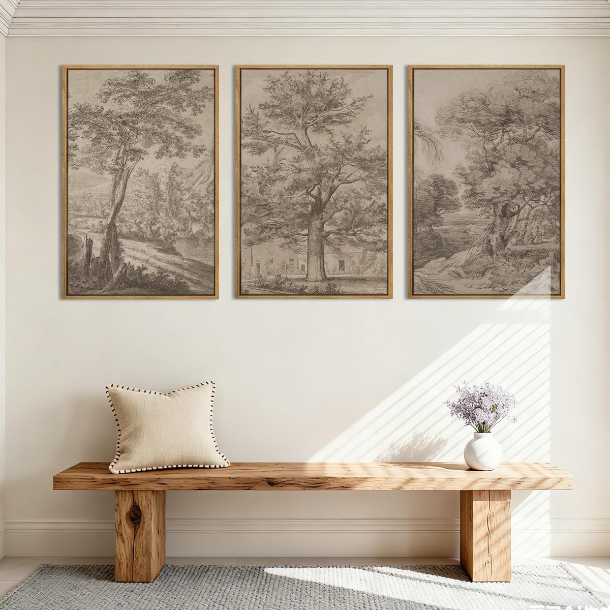 Extra Large Wall Art Framed Vintage Tree Sketch Antique Botanical Forest Prints Rustic Farmhouse Nature Decor for Living Room Bedroom Office 24'x36' Set of 3