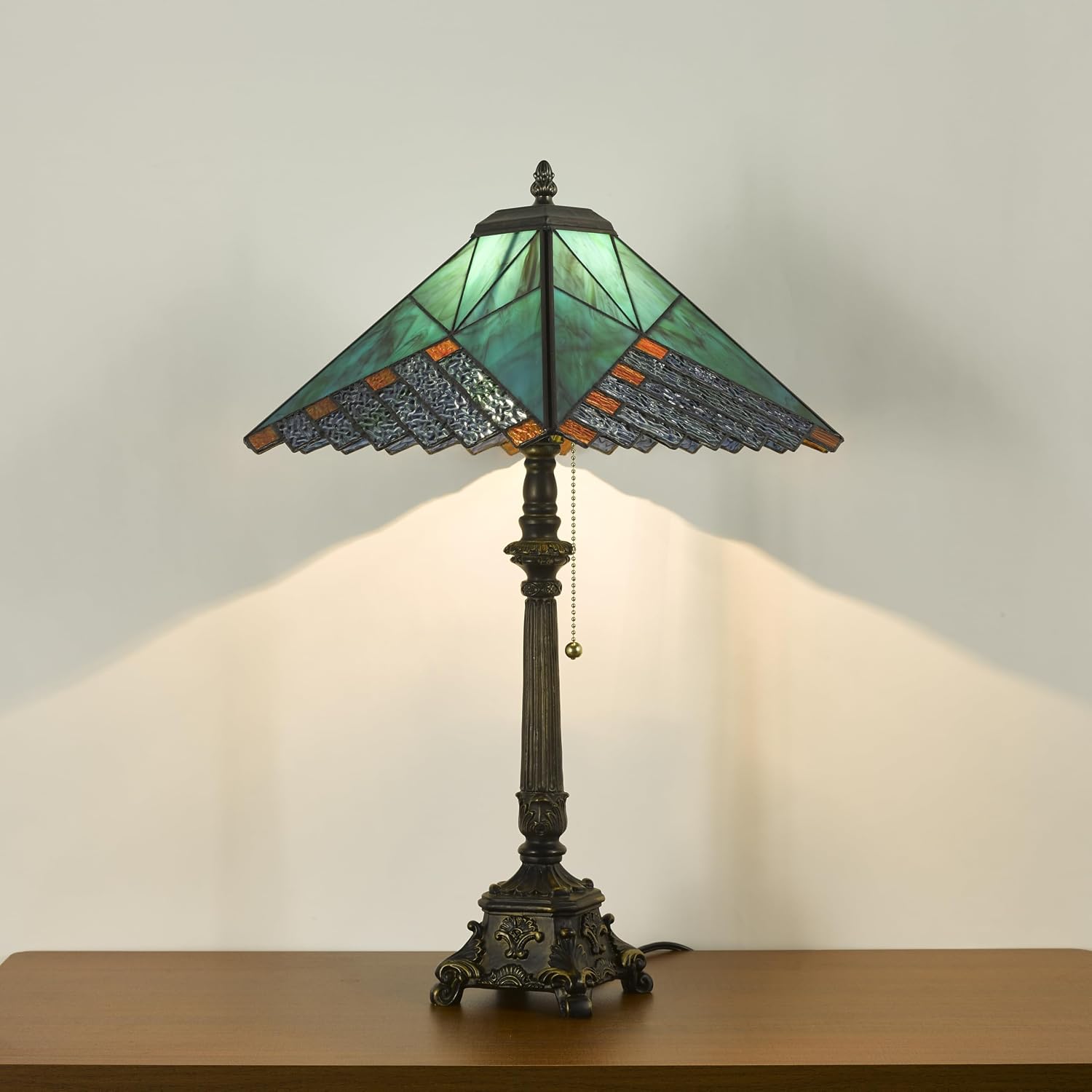 Tiffany Table Lamps Deep Blue Stained Glass Rhombus Checkered Style Mission Desk Lamp 12X12X24 Inch Bronze Resin Base