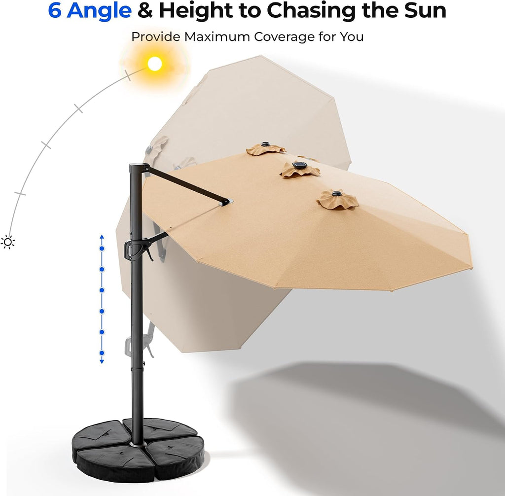 HOMSHADE 15FT Cantilever Double-Sided Umbrella with Solar Light and Base, Rectangle Oversized Offset Patio Umbrellas, Extra Large Outdoor Umbrella for Pool, Deck, Garden (Beige)