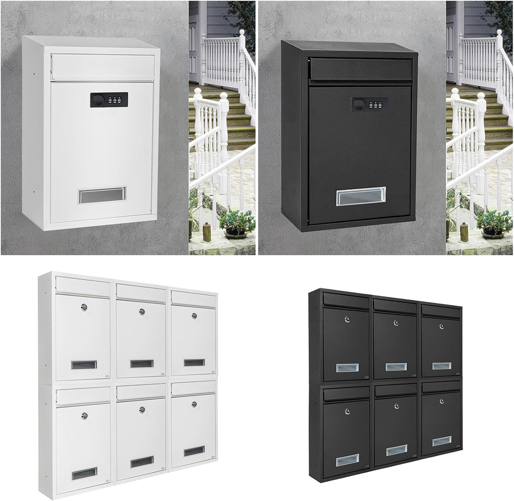 LANGSTON Locking Postbox for House, Wall Mounted Metal Mailbox, Security Lock Drop Box Collection Boxes Hanging Secure Postbox, Combination Lock Mail Boxes Outdoor,Black