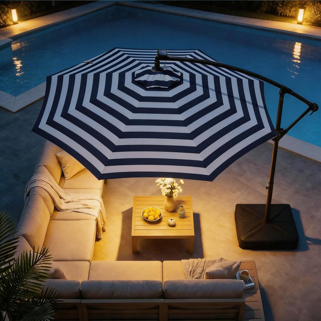 HOMSHADE 10ft Solar Lights Offset Cantilever Patio Umbrella - with Light and Base, LED Offset Patio Outdoor Umbrella UPF50+ UV Protection with Easy Tilt and Crank (Navy&White Stripes)