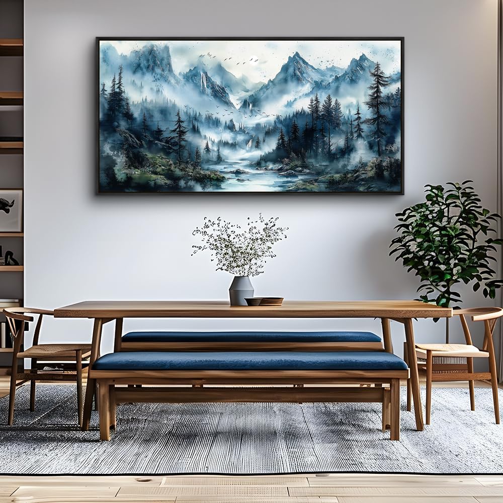 ZUITINGHUA Large Black Framed Canvas Wall Art For Living Room Wall Decor For Office Mountain Wall Painting Fog Forest Landscape Picture Ready To Hang Bedroom Home Mural Prints Posters 30x60 In
