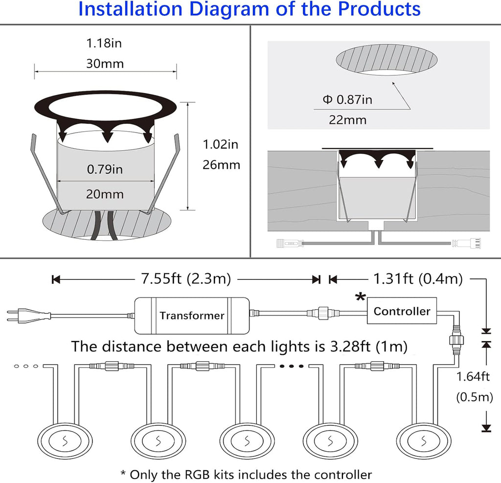 LED Outdoor Deck Lights, Φ30mm 3CCT Low Voltage 12V, 16 Pack Black IP65 Waterproof, Electric Wired Mini Recessed Under Landscape Lighting for Yard Stair Step Floor Riser