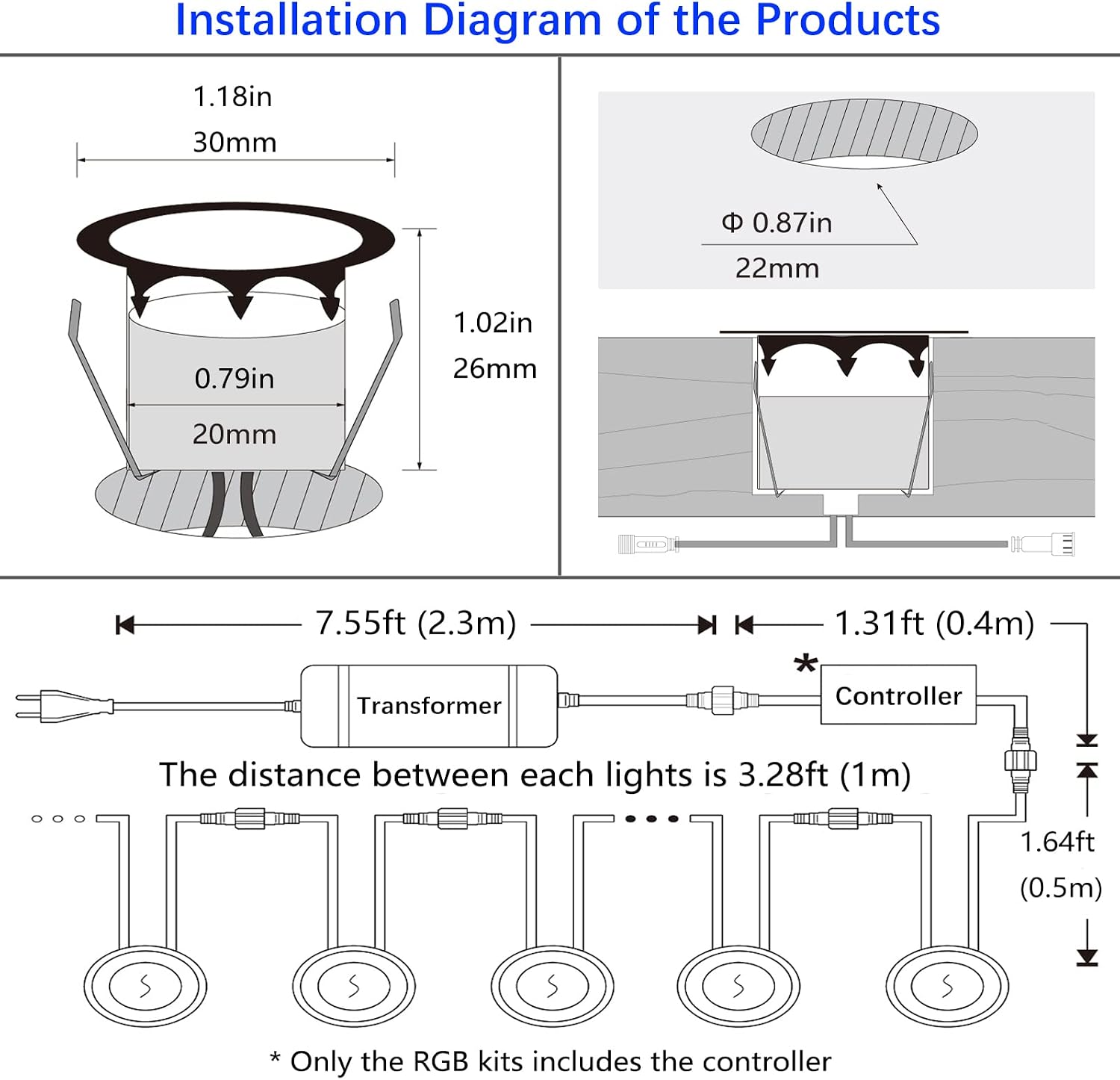 LED Outdoor Deck Lights, Φ30mm 3CCT Low Voltage 12V, 16 Pack Black IP65 Waterproof, Electric Wired Mini Recessed Under Landscape Lighting for Yard Stair Step Floor Riser