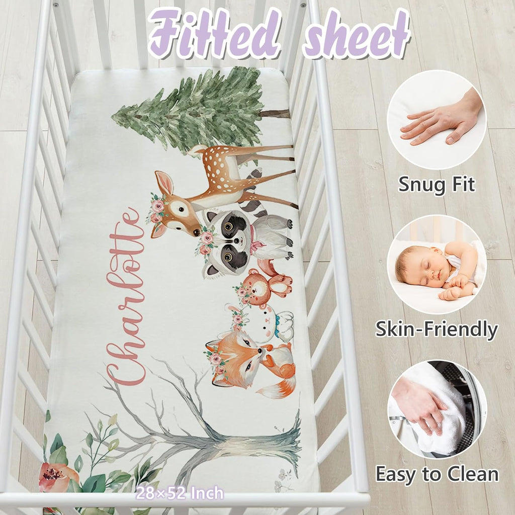 Personalized Baby Crib Bedding Set, 5 Pcs Custom Name Nursery Bedding Set for Girls Boys, Pink Forest Animals Baby Crib Set for Toddlers Infants, Double Layer Bedding Crib Sets Customized Gifts