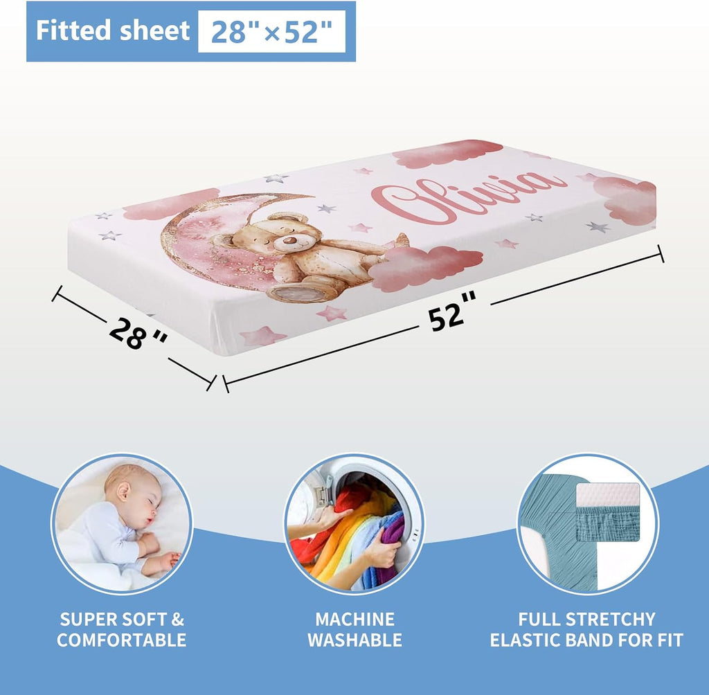 KAINSY Custom Baby Crib Set, 5 Pcs Personalized Name Pink Bear Theme for Infants Toddlers, Nursery Bedding for Girls, Double Layer Customized Gifts