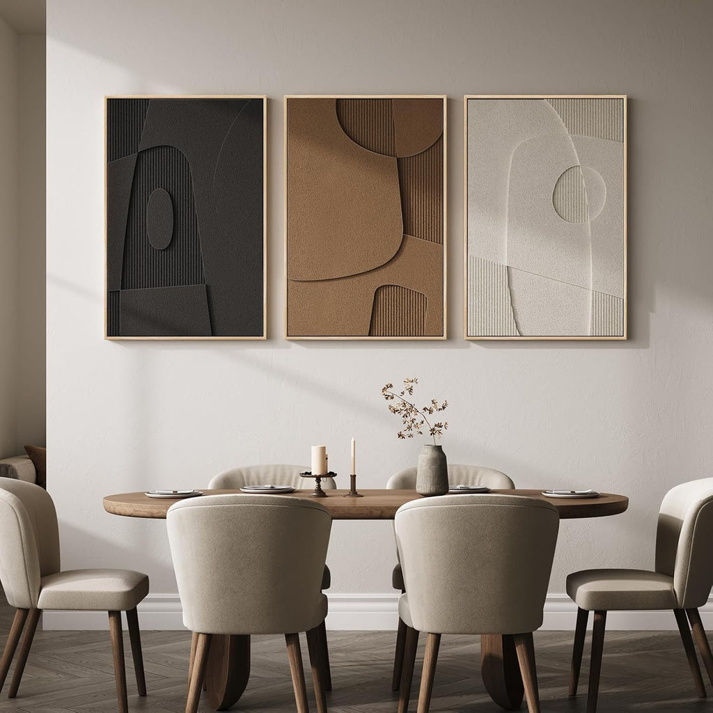Large 3D Textured Framed Neutral Abstract Wall Art for Living Room, 3 Piece Modern Geometric Paintings Artwork for Walls, Minimalist Black White Brown Pictures for Bedroom Hallway Office Wall Decor, 24x36 In