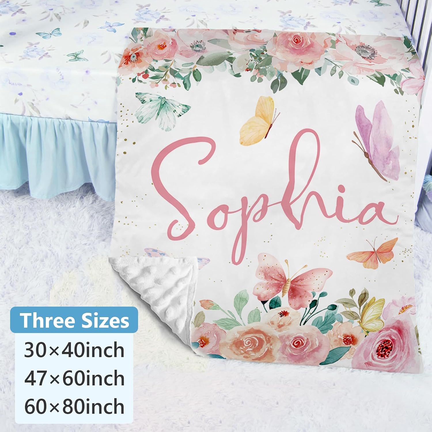 Dyoart Personalized Baby Bedding Set - 5 Piece Custom Baby Crib Set with Name, Double Layer Crib Bedding Set for Boys Girls, Pink Butterfly Nursery Bedding Set, Gift for New Parents Toddler Infant