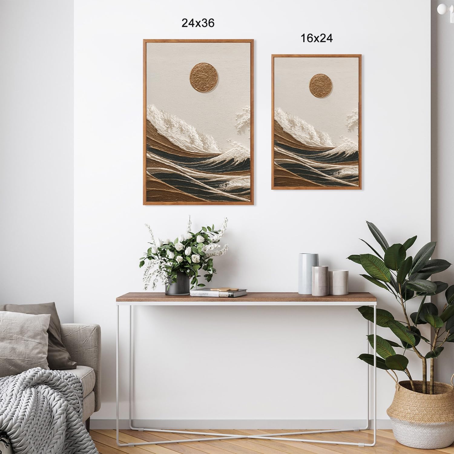 HLNIUC Great Wave Sunset Framed Canvas Wall Art,Abstract Sun Seascape Art Decor Set of 3(24'x36') Modern Ocean Beach Art Print,Large Sea Wave Pictures Framed Wall Painting for Living Room,Bedroom